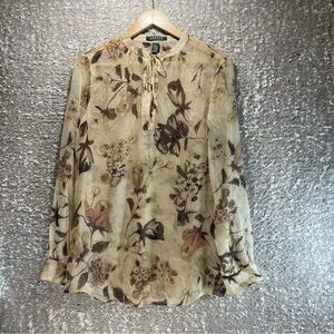 Lauren Ralph Lauren Tan Floral Sheer Long Sleeve Blouse M Peasant Boho